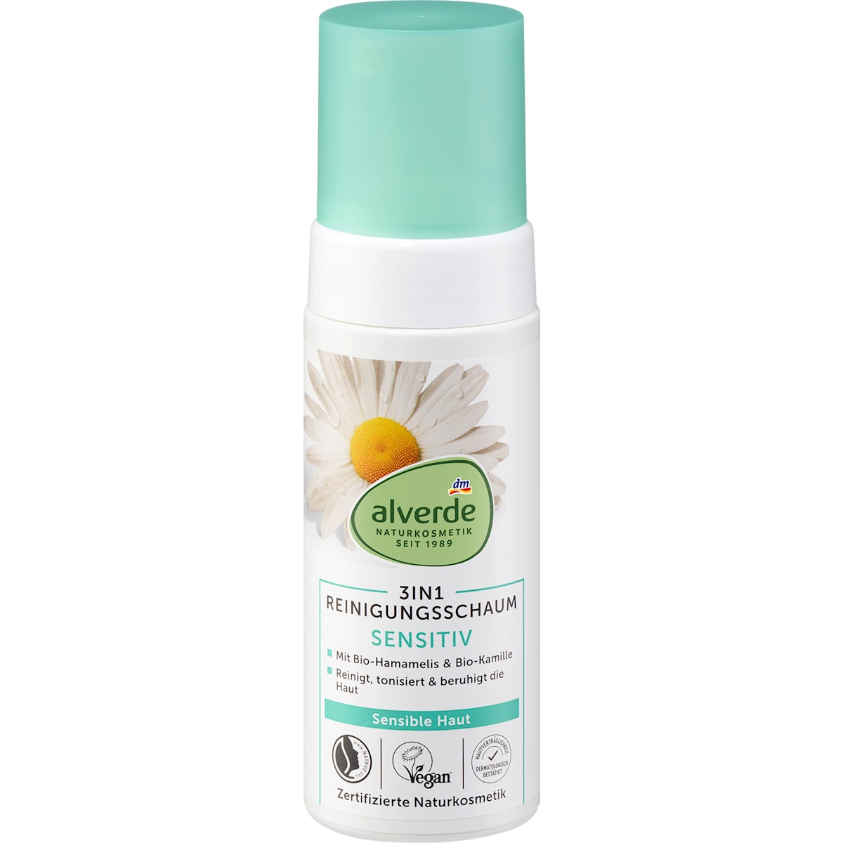 alverde Natuurcosmetica Reinigingsschuim 3in1 Sensitief Hamamelis & Kamille, 150 ml