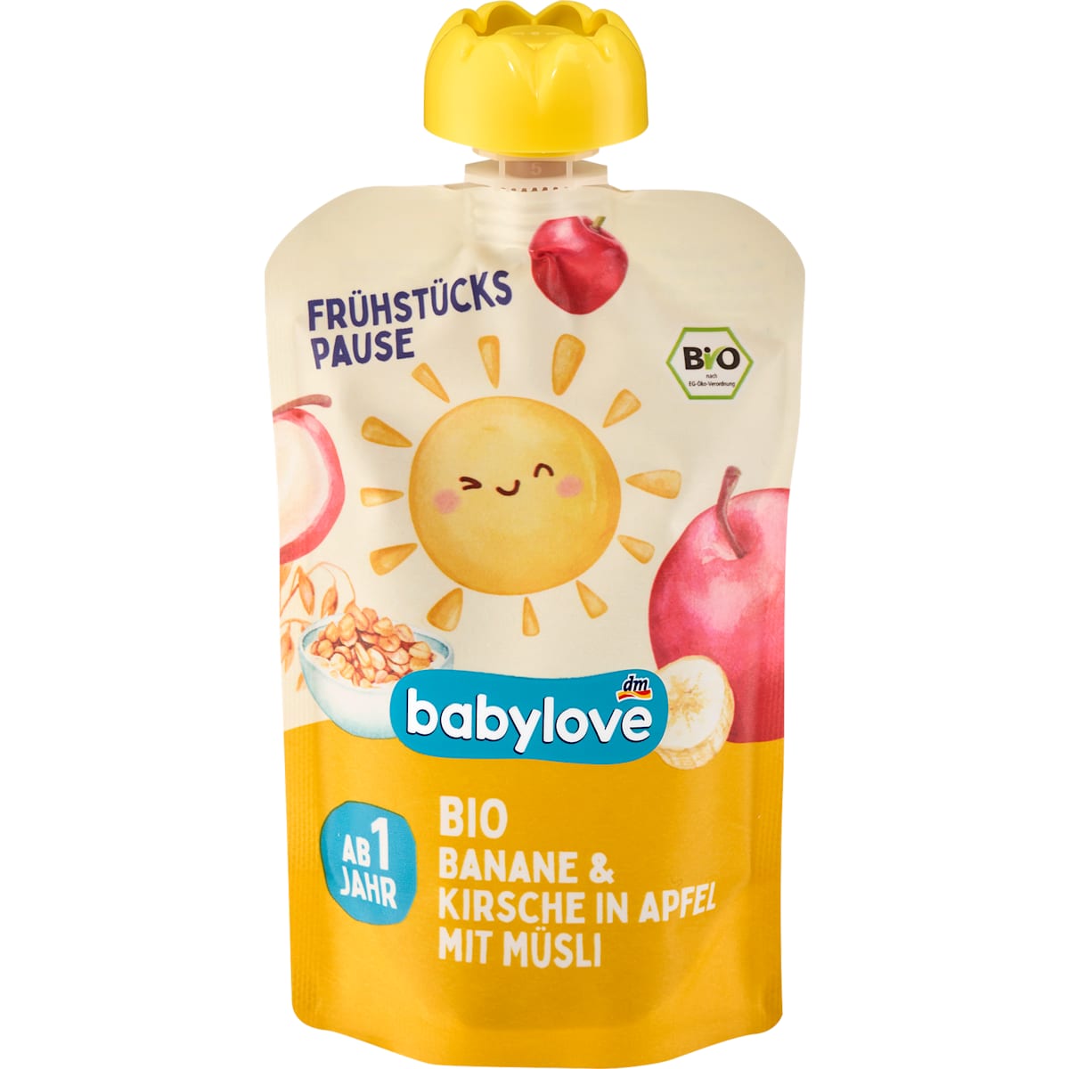 babylove Knijpfruit Frühstückspause Banaan & Kers met Appel in Muesli vanaf 1 jaar, 100 g