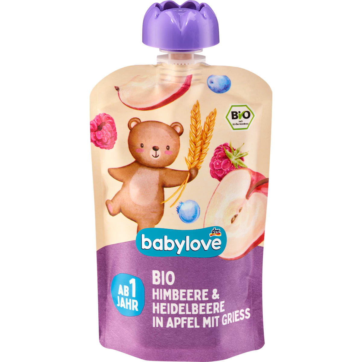 babylove Knijpfruit Framboos & Bosbes in Appel met Griesmeel vanaf 1 jaar, 100 g