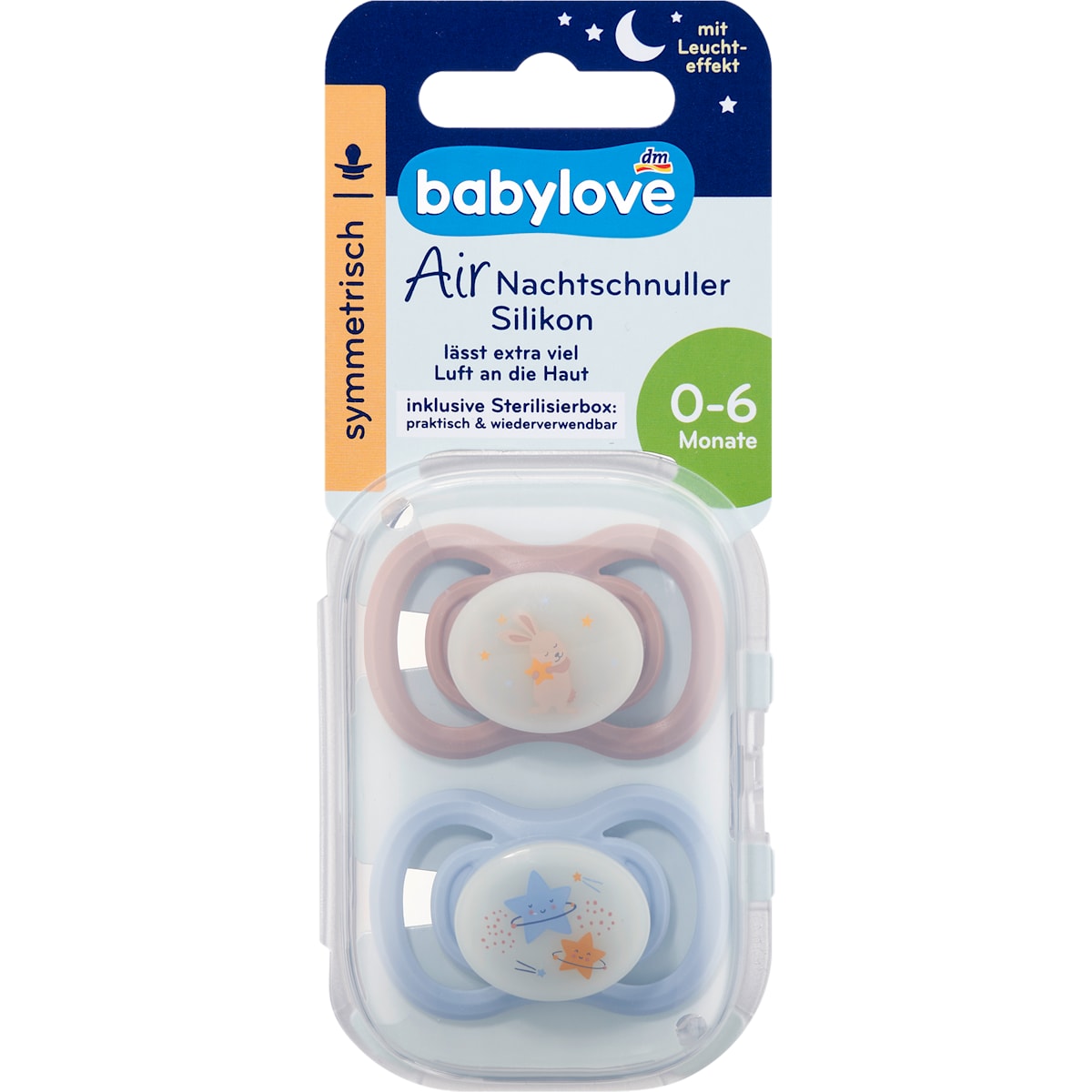 babylove Fopspeen Air Nacht Silicone symmetrisch, blau/rosa, 0-6 Monate, 2 St