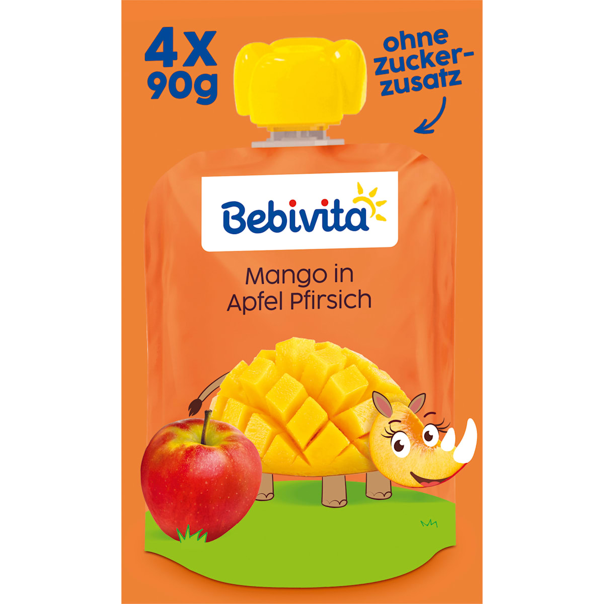 Bebivita Knijpfruit Kinderspass Mango in Appel Perzik vanaf 1 jaar (4x90 g), 360 g