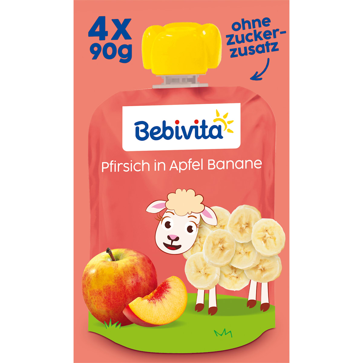 Bebivita Knijpfruit Kinderspass Perzik in Appel Banaan vanaf 1 jaar (4x90 g), 360 g