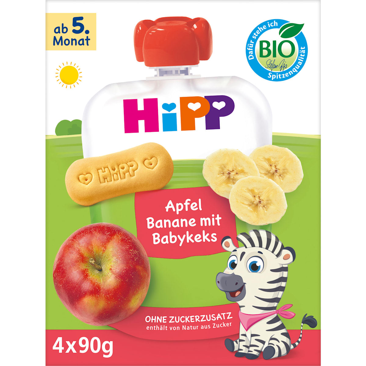 HiPP Knijpfruit Appel-Banaan & Babykoekje na de 4. maand (4x90 g), 360 g
