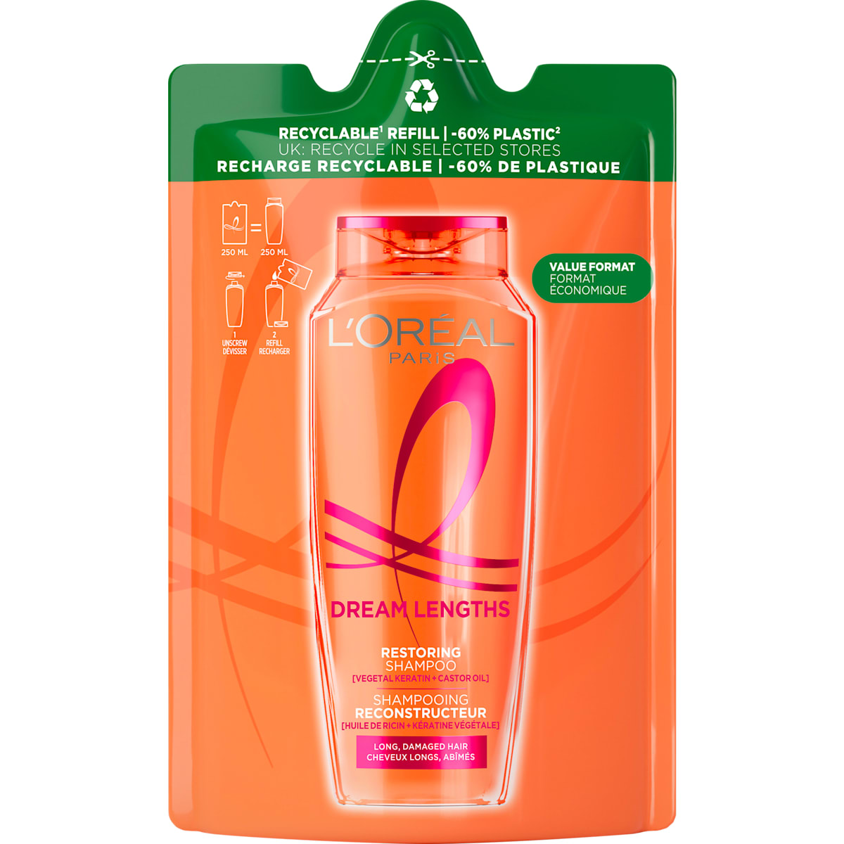 L'ORÉAL PARiS Shampoo Dream Lengths Navulverpakking, 250 ml