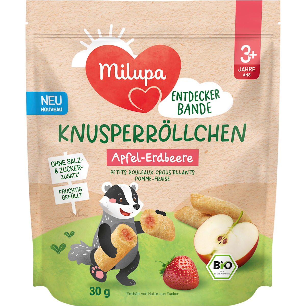 Milupa Kindersnack Knapperrolletjes Appel-Aardbei vanaf 3+ jaar, 30 g