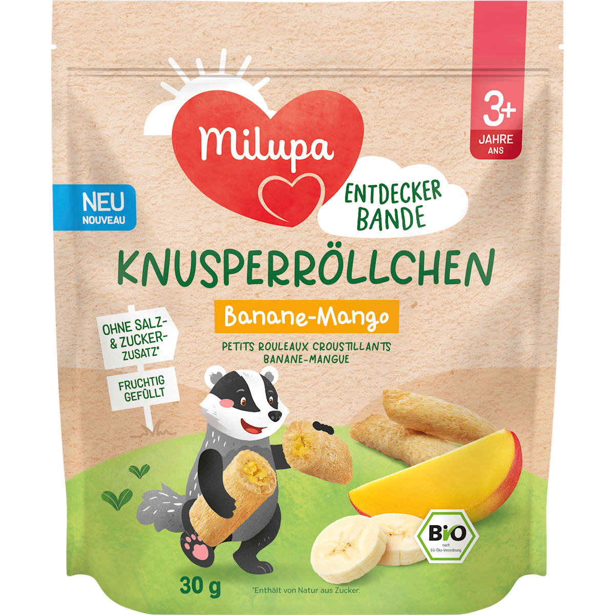 Milupa Kindersnack Knapperrolletjes Banaan-Mango vanaf 3+ jaar, 30 g