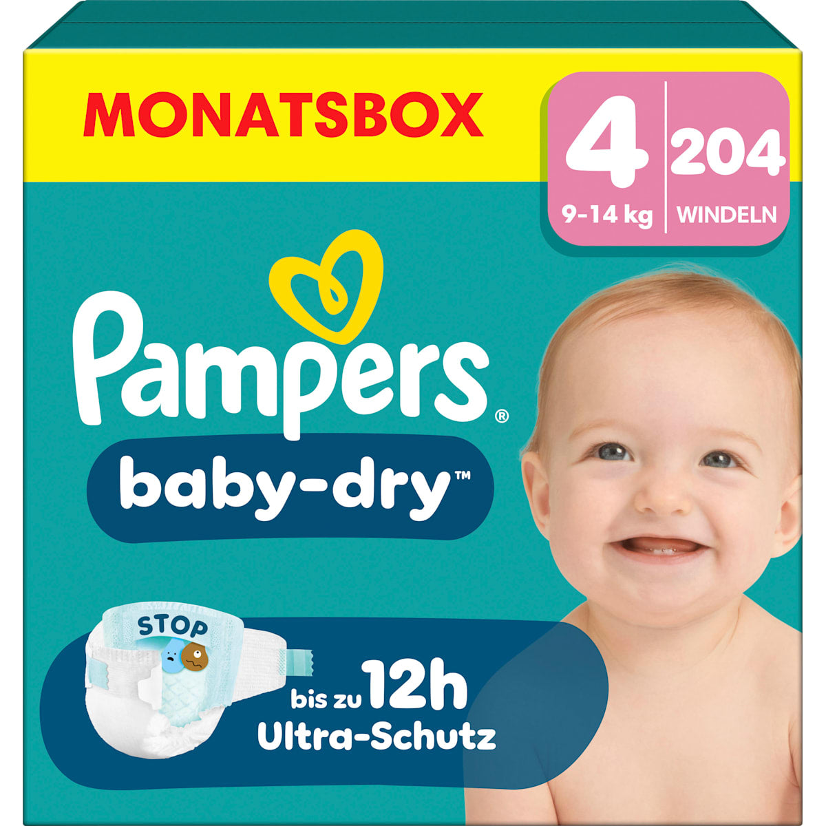 Pampers baby-dry Luiers Maat 4 Maxi (9-14 kg) Monatsbox, 204 St