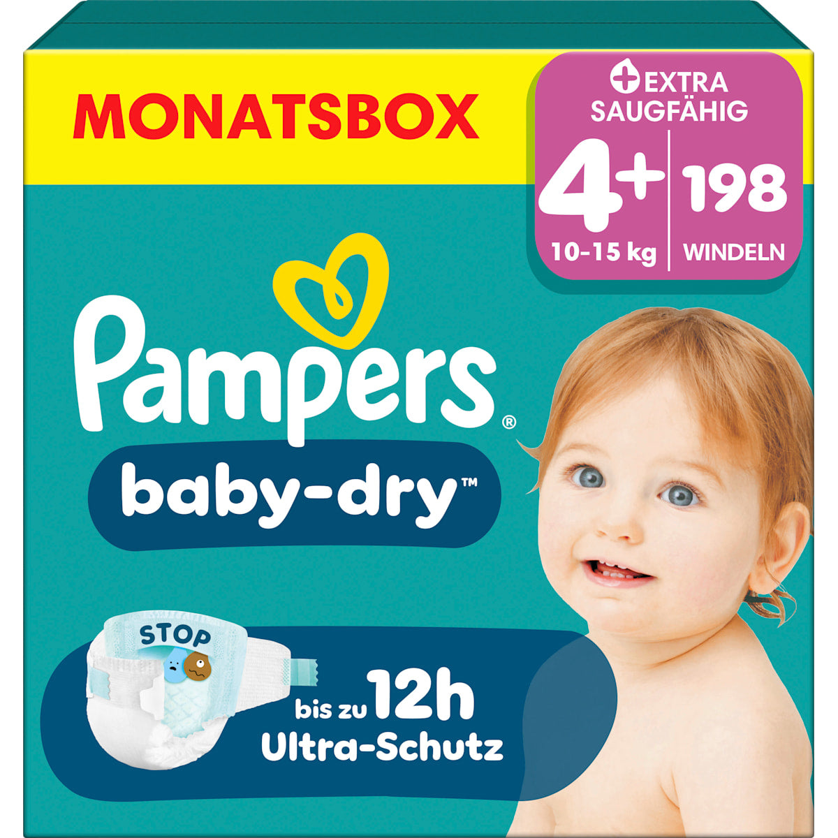 Pampers baby-dry Luiers Maat 4+ Maxi Plus (10-15 kg) Monatsbox, 198 St