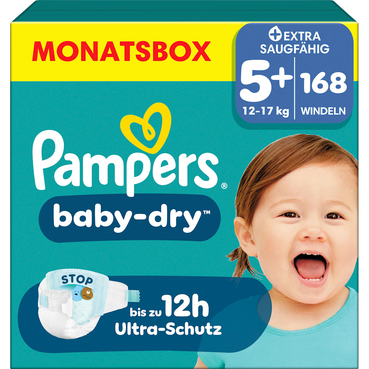 Pampers baby-dry Luiers Maat 5+ Junior Plus (12-17 kg) Monatsbox, 168 St