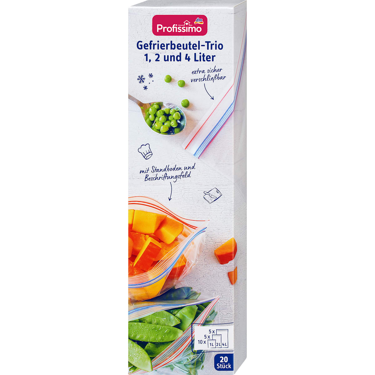 Profissimo Diepvrieszakjes-Trio 1, 2 & 4 l met Doppelverschluss, 20 St