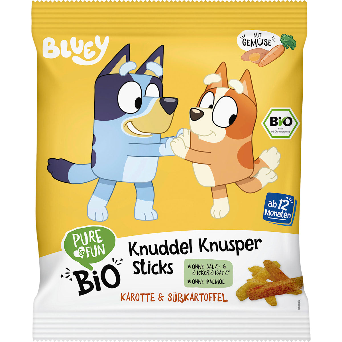 PURE & FUN Kindersnack Bluey Knapper Sticks Wortel & Zoete aardappel vanaf 12 maanden, 30 g