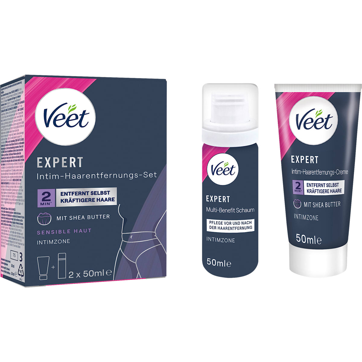 Veet Intieme zone Set, Ontharingscrème & Multi-Benefit-Schaum (2x50 ml), 100 ml
