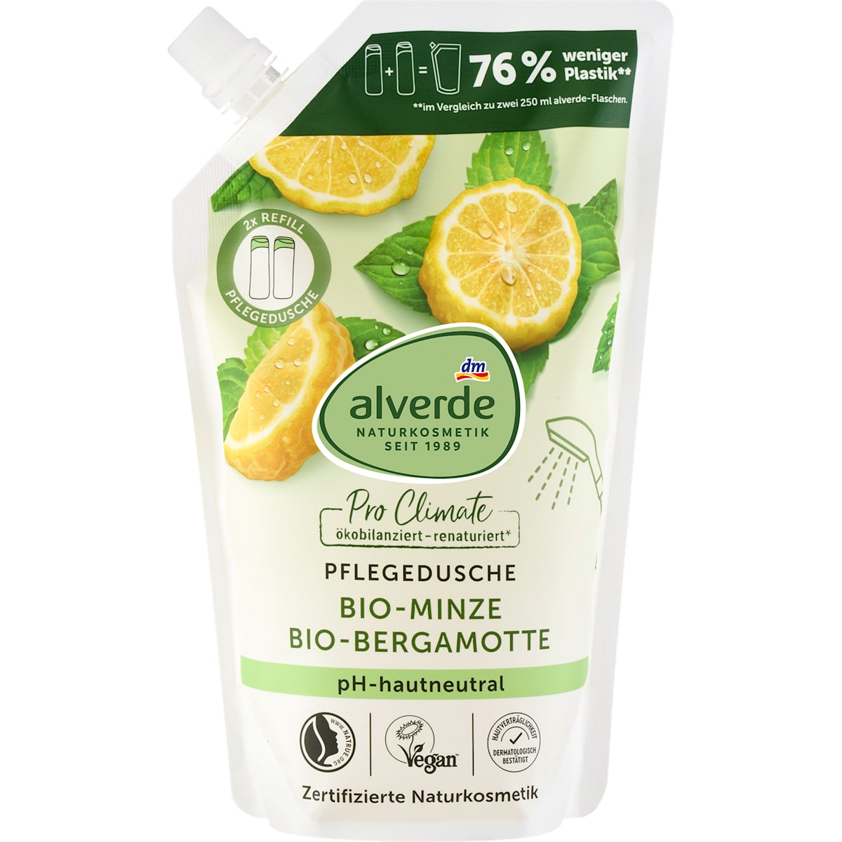 alverde Natuurcosmetica Pflegedusche Munt Bergamotte Navulverpakking, 500 ml