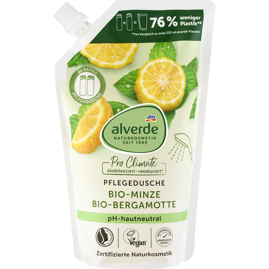 alverde Natuurcosmetica Pflegedusche Munt Bergamotte Navulverpakking, 500 ml