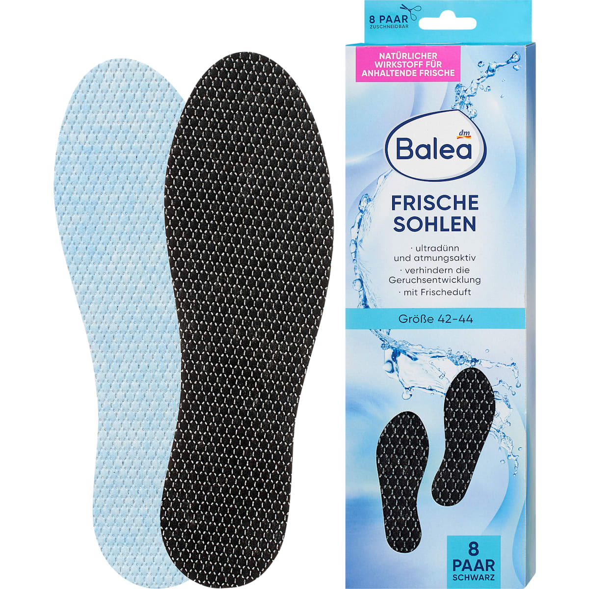 Balea Einlegesohlen Frischesohlen zwart, Maat 42-44 (8 Paar), 16 St