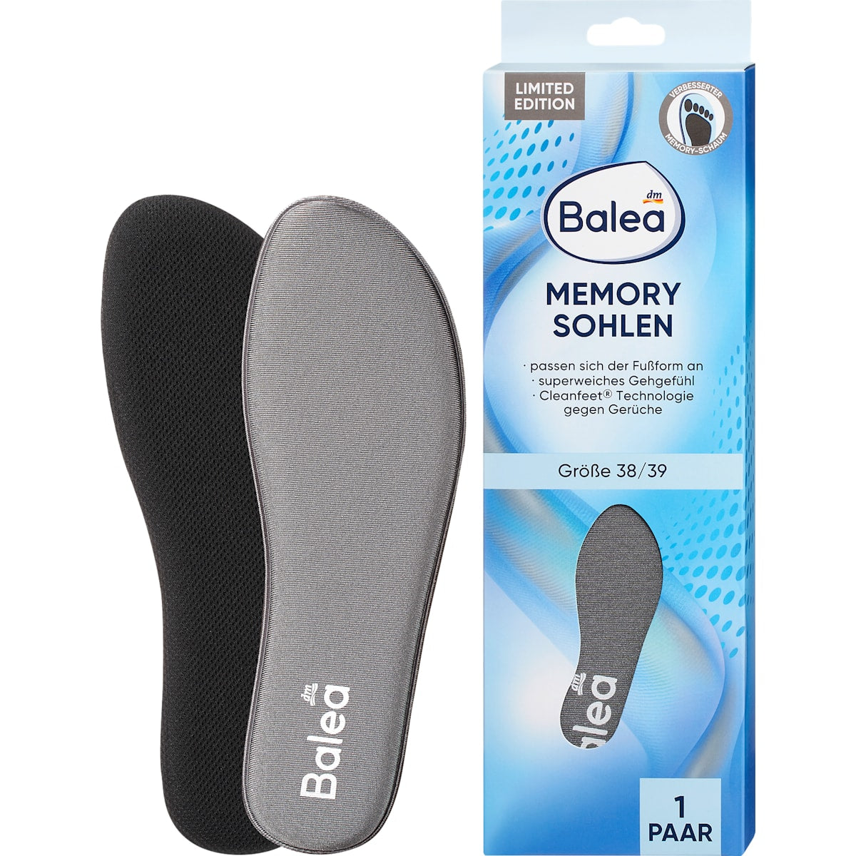 Balea Einlegesohlen Memory Foam, Maat 38/39 (1 Paar), 2 St