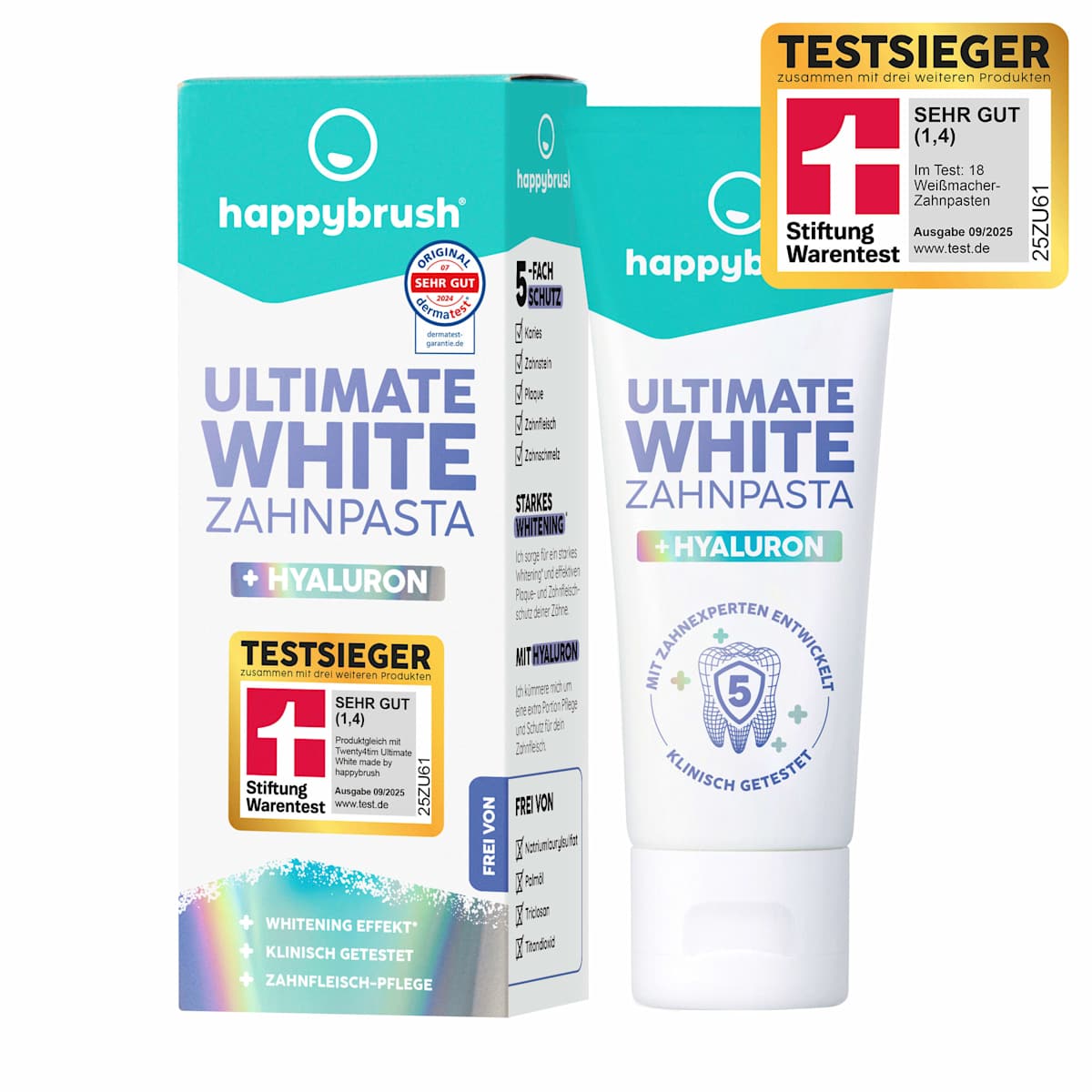 happybrush Tandpasta Ultimate White + Hyaluron, 75 ml