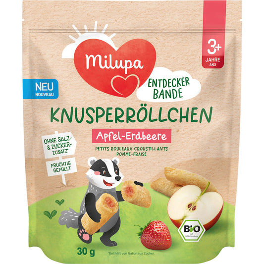 Milupa Kindersnack Knapperrolletjes Appel-Aardbei vanaf 3+ jaar, 30 g