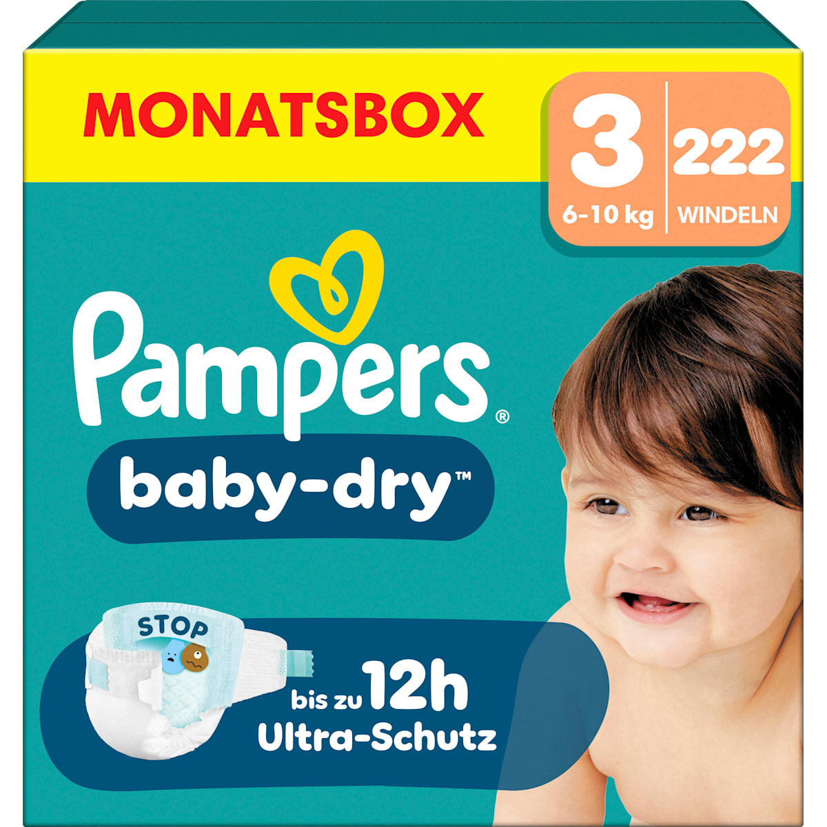 Pampers baby-dry Luiers Maat 3 Midi (6-10 kg) Monatsbox, 222 St