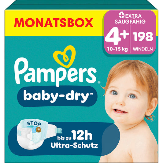 Pampers baby-dry Luiers Maat 4+ Maxi Plus (10-15 kg) Monatsbox, 198 St