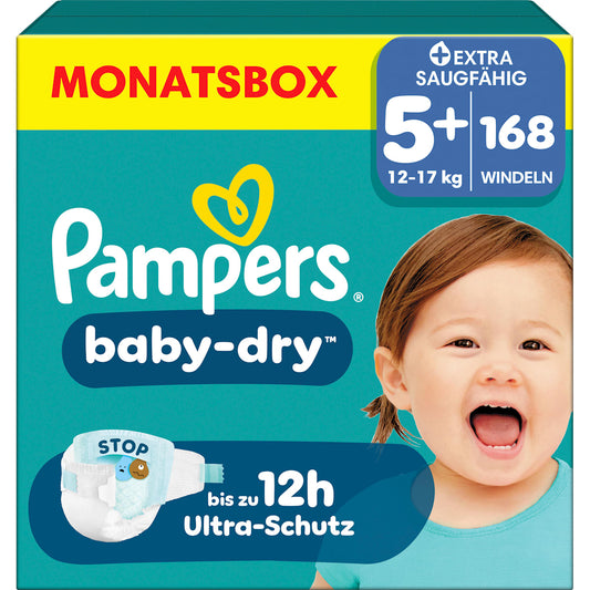 Pampers baby-dry Luiers Maat 5+ Junior Plus (12-17 kg) Monatsbox, 168 St